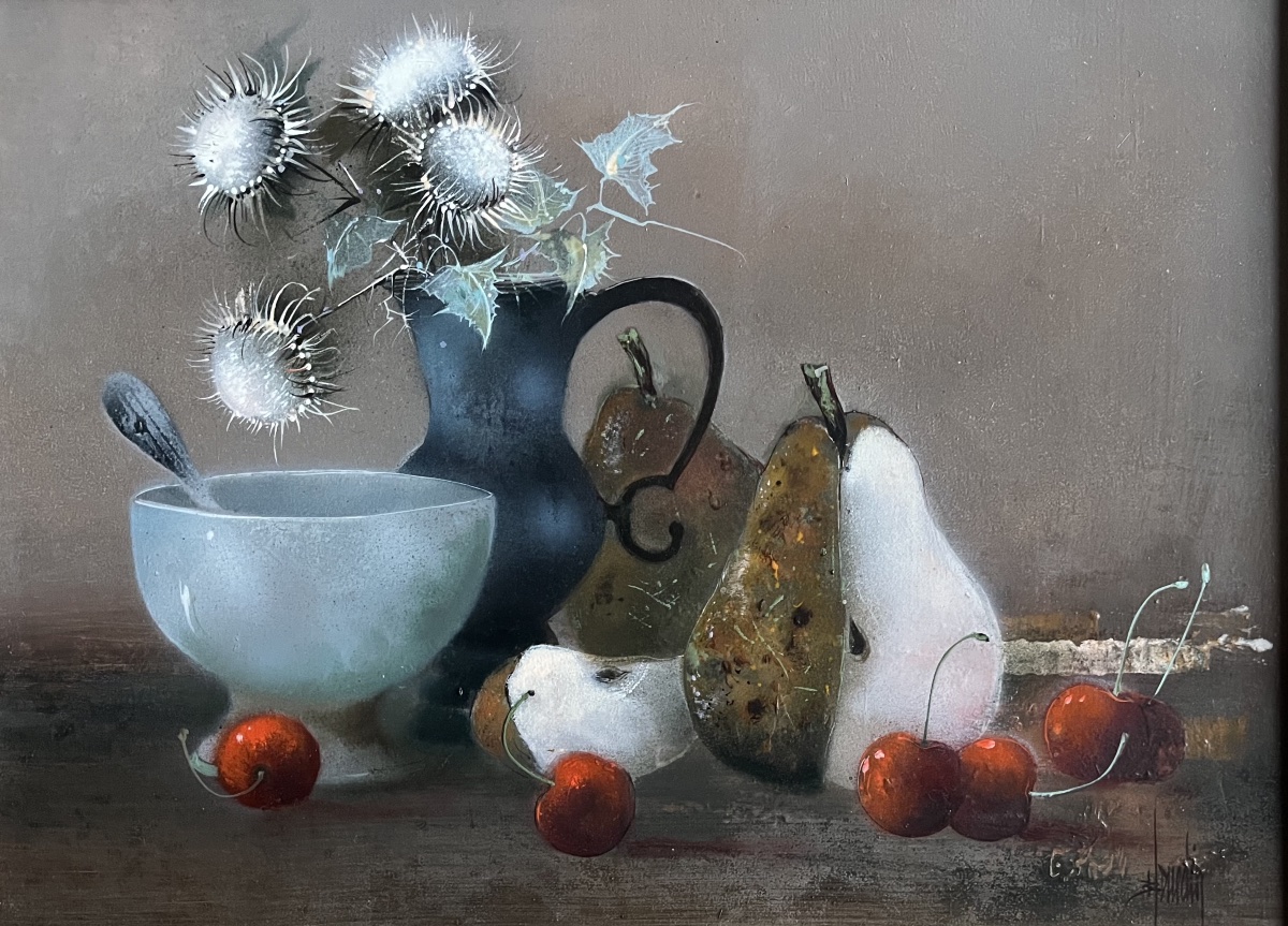 Tableau nature morte au bol et aux chardons peinture huile signée Bernard Louedin-photo-2