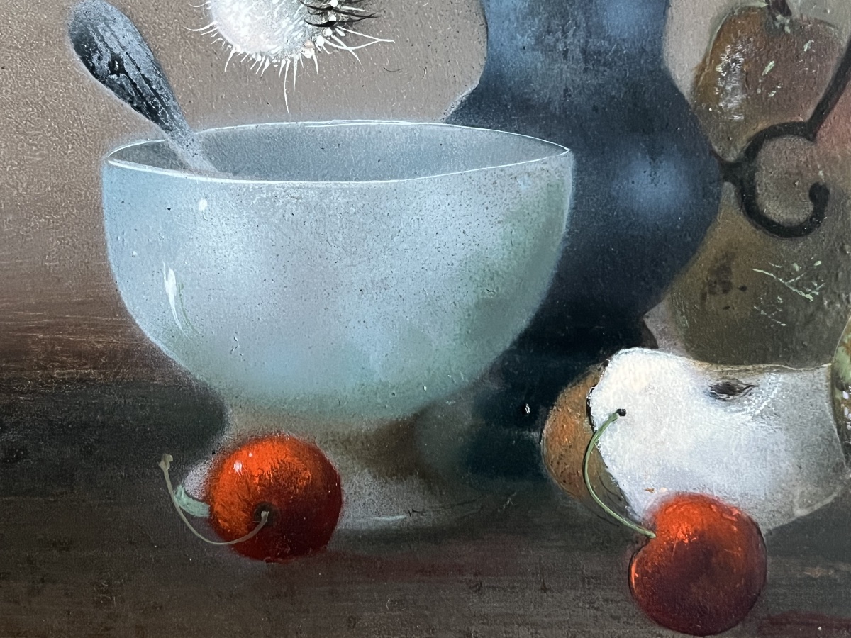 Tableau nature morte au bol et aux chardons peinture huile signée Bernard Louedin-photo-1