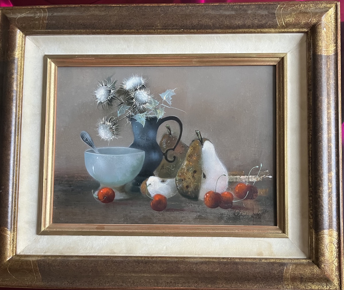 Tableau nature morte au bol et aux chardons peinture huile signée Bernard Louedin