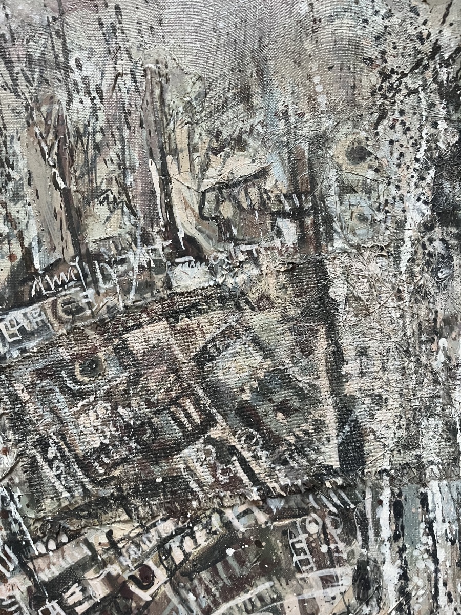 Tableau abstrait collage peinture signée et datée au dos -photo-4