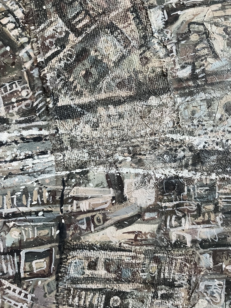 Tableau abstrait collage peinture signée et datée au dos -photo-6