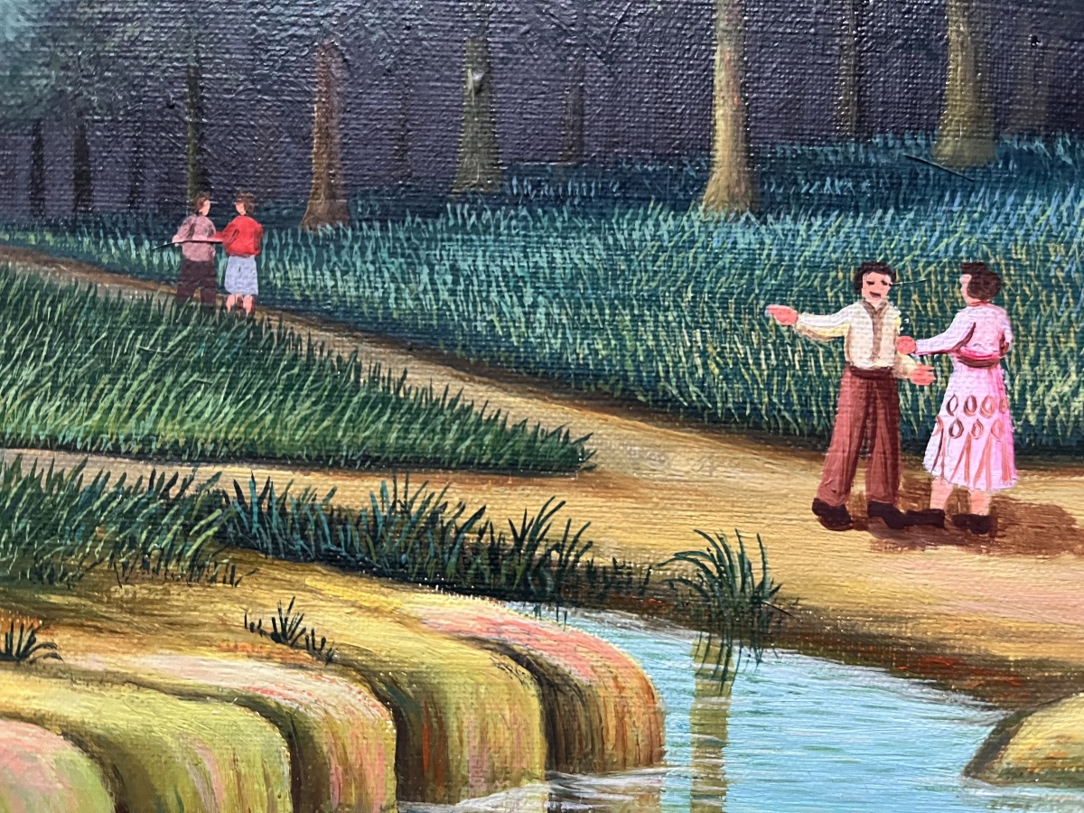 Tableau école naive française paysage animé peinture signée Émile Blondel 1893-1970-photo-3