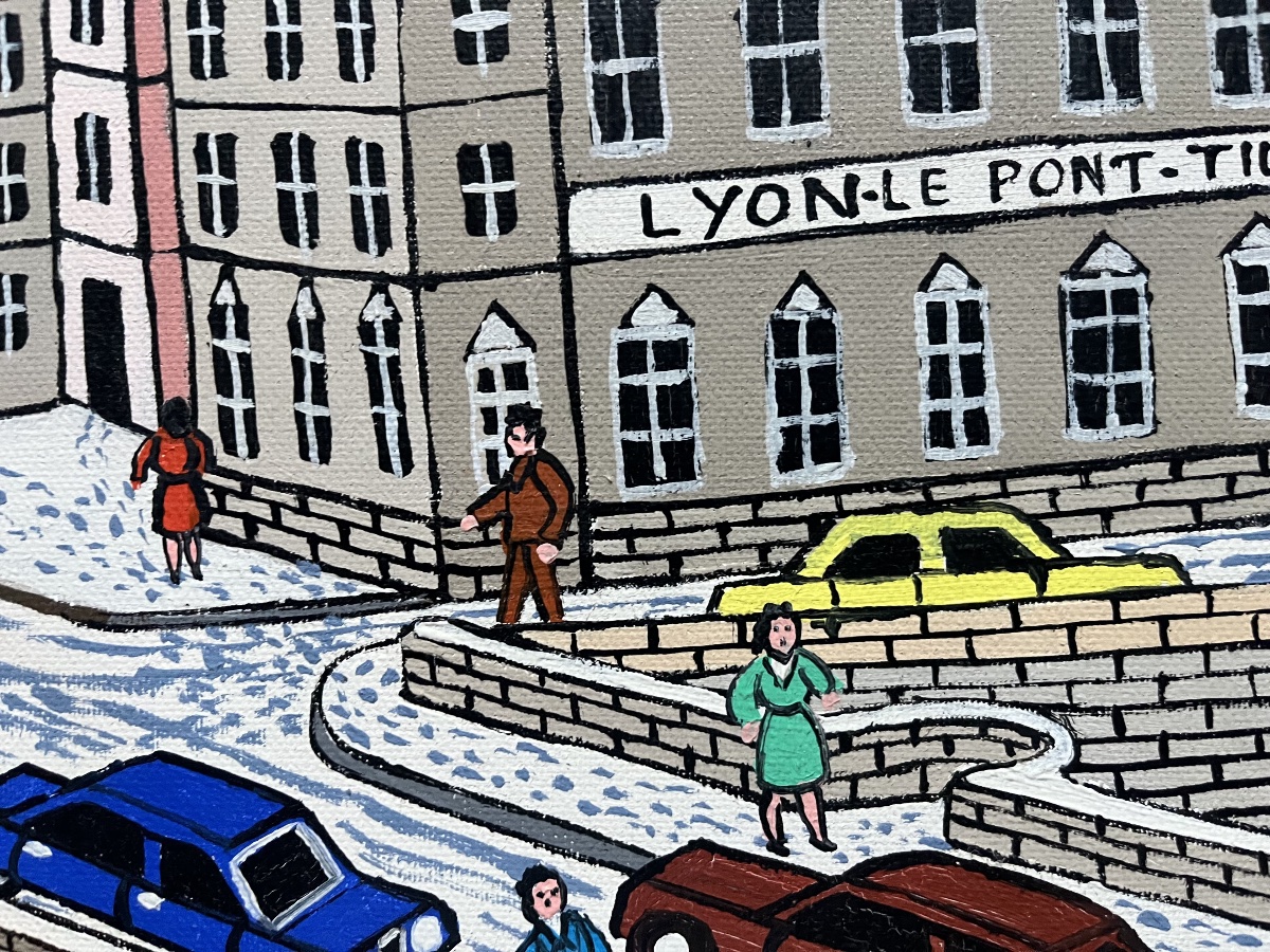 Tableau naif vue de Lyon  la colline de Fourviere peinture signeée André Demonchy -photo-2