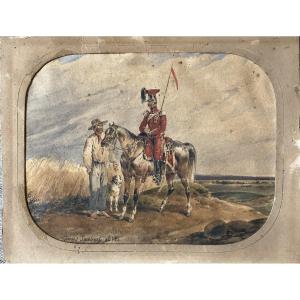 Ed Swebach 1800-1870 - Tableau Militaria Soldat Cavalier Paysan Aquarelle Sign&eacute;e