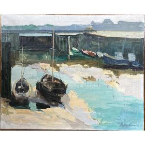 Maguy Hoebeke 1918-2009 - Tableau Belgique Marine Port Mer Du Nord Peinture Signée