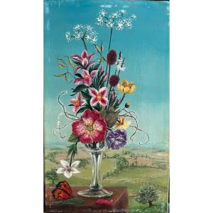 Jacqueline Chuteau Née 1923 - Bouquet De Fleurs Dans Un Vase Peinture Signée Et Encadrée