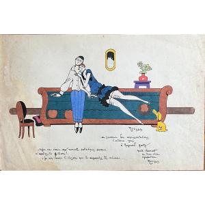 Moriss (1874-1963) - Dessin Humoristique Caricature Couple Sur Un Sofa - Pastel Et Encre