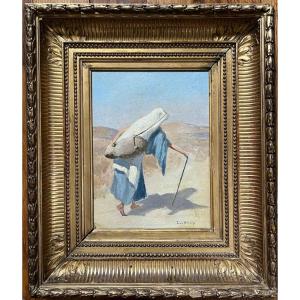 Louis Billard - Orientalism Israel Jerusalem Woman Carrying Water Painting Signed And Framed