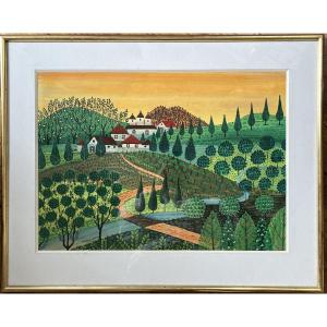 Modern Naive Art Painting School Of The East Landscape Village Oil From 1967 Signed Glogovsky