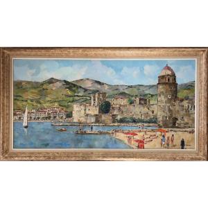 Roland Hamon 1909-1987  Tableau Marine Bateaux Au Port De Collioure Peinture Sign&eacute;e Et Encadr&eacute;e