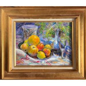 Annie Puybareau Born 1955 - Still Life Painting With Fruits Oil Signed And Framed