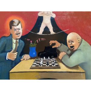 Madeleine Luka - Naive Painting Chess Game Between Kennedy Khrushchev Oil Signed And Dated