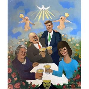 Madeleine Luka 1894-1989 - Naive Painting The Golden Age Kennedy Khrushchev Painting From 1962 Signed