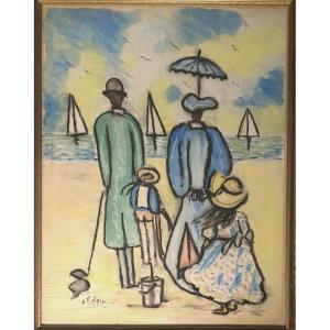 Henri Saint Clair (1899-1990) - Tableau Ancien Pastel Normandie La Famille Enfants à La Plage