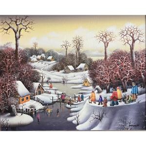 Tableau Na&iuml;f Paysage De Neige Anim&eacute;  &eacute;cole Na&iuml;ve Serbe Peinture Sign&eacute;e Dragan Mihailovic 1987