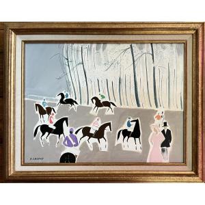 Tableau les chevaux de course avant le départ peinture signée Serge Lassus  né en 1933