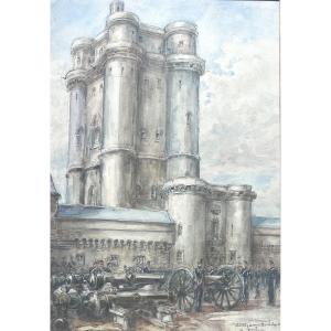 Painting Of The Dungeon Of The Vincennes Castle Militaria Watercolor 19th Century Signed Georges Tiret-bognet