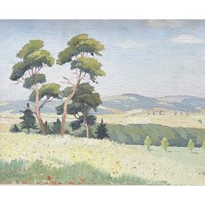 Tableau Reims paysage de provence peinture signée Edmond Chauvet 1903-1968