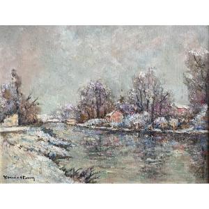Tableau paysage de neige les bords de Marne peinture signée Henri Verbrugghe dit Henri Stenn