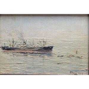Tableau marine Portugal Cargo à la cote de Sines peinture signée Francisco Maya datée 1947