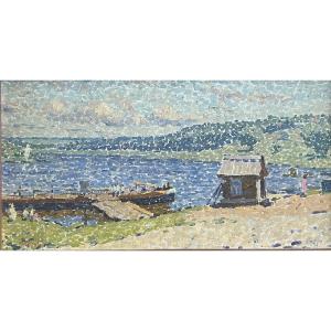 Tableau ancien pointilliste suiveur de Luce peinture marine monogramme à déchiffrer 
