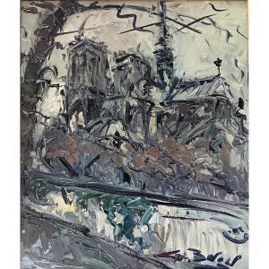 Tableau vue de Paris Cath&eacute;drale Notre-Dame entourage Gen Paul peinture sign&eacute;e Georges Berger