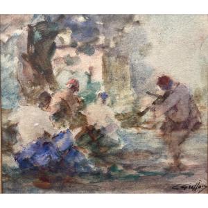 Tableau  impressionniste les musiciens au parc aquarelle signée Gabriel Griffon 1866-1938