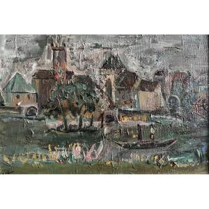 Expressionist Landscape Painting, Lyon School, Fusaro, Painting By René Hamiot 