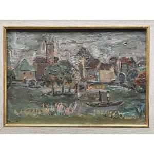 Tableau paysage expressionniste école de Lyon Fusaro peinture signée René Hamiot 