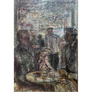 Expressionist Painting, Lyon School, Café Scene, Bar Painting By René Hamiot
