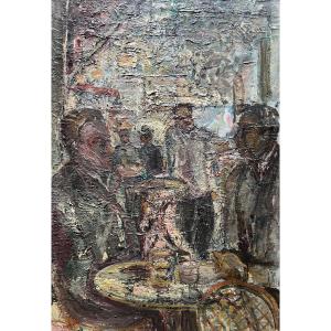Tableau expressionniste école de Lyon scène de café Bar peinture signée René Hamiot
