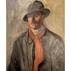 Painting Portrait Of A Man With A Hat From The 1970s, Signed Painting To Be Deciphered
