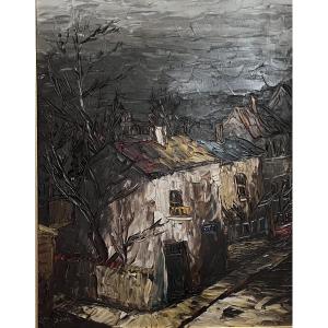 Tableau vue de Paris la nuit Ménilmontant Peinture expressionniste signée Léon Schwartz Abrys