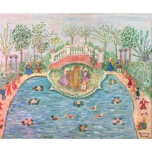 Naïve Painting, Italy, Harp Concert In A Park, Painting Signed Valentina Donati