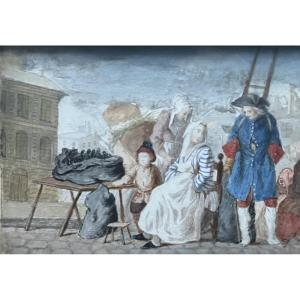 French School Miniature Gouache Painting, 18th Century, "the Merchants", Anonymous.