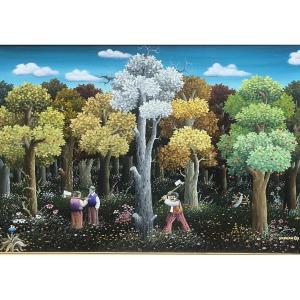 Tableau naif école de l’Est Serbie les bûcherons peinture signée Dragan Milhaïlovic