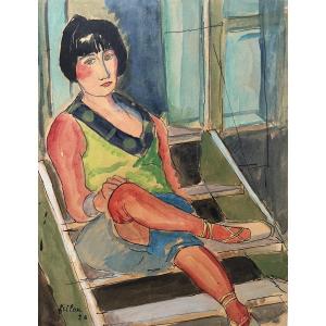 Watercolor Painting Of A Young Woman Seated, Signed And Dated Arthur Fillon 1926