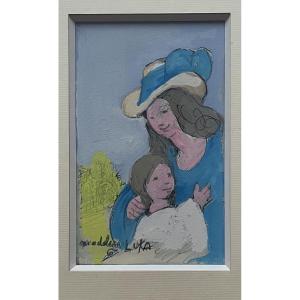 Naïve Art Painting Of Maternity In Gouache, Signed Madeleine Luka