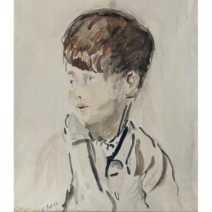 Antique Painting, Portrait Of A Child, Watercolor, Signed Jean Helleu (1894-1985) 