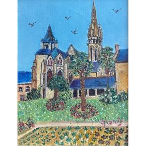 Naive Painting Landscape Brittany Church Of La Guerche Painting Signed Grand'mere Paris 1906-1982