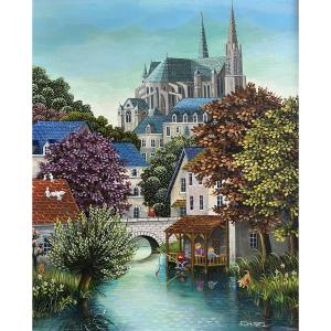 Naive Painting View Of Chartres Cathedral Painting Signed Sophie Damez