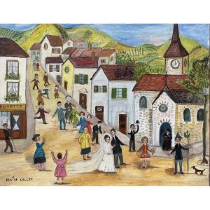 French Naive School Wedding Scene Painting Signed Denise Collet