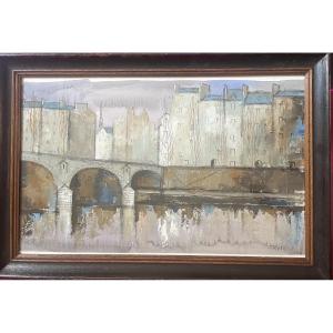 Tableau  vue pont de Paris aquarelle et gouache signée Jean Roll