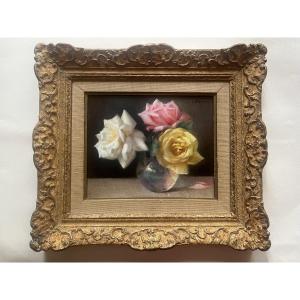 Tableau fleurs bouquet de roses peinture signée Charles Perron 1893-1958