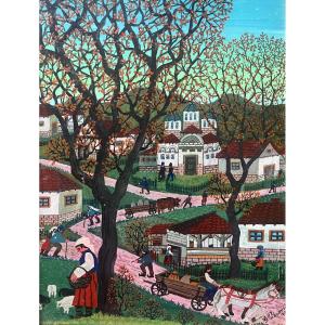 Naïve Painting From The Yugoslav School In Serbia—a Countryside Landscape Signed By Ljuba Petrovic 