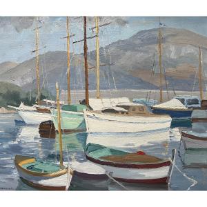Seascape Painting Depicting Boats In The Harbor, Signed By Edmond Chauvet (1903–1968)