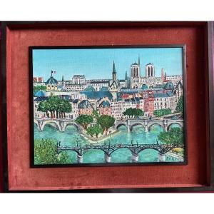 Tableau naif Paris le pont neuf notre dame peinture signée Grand’Mère Paris