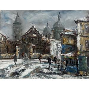Tableau vue de Paris Montmartre sous la neige peinture signée Raymond Besse 1899-1969