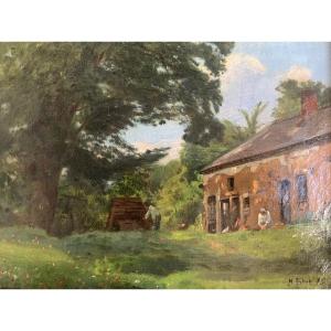19th-century Landscape Painting Of A Farm, Signed By Marcel Bloch, 1875