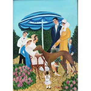 Tableau art naif un jour aux courses peinture signée Grand’Mere Paris